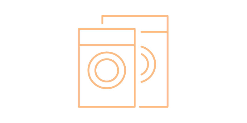 Zwei gelbe Waschmaschinen oder Extraktoren mit runden Türen, dargestellt in einem minimalistischen Design nebeneinander.
