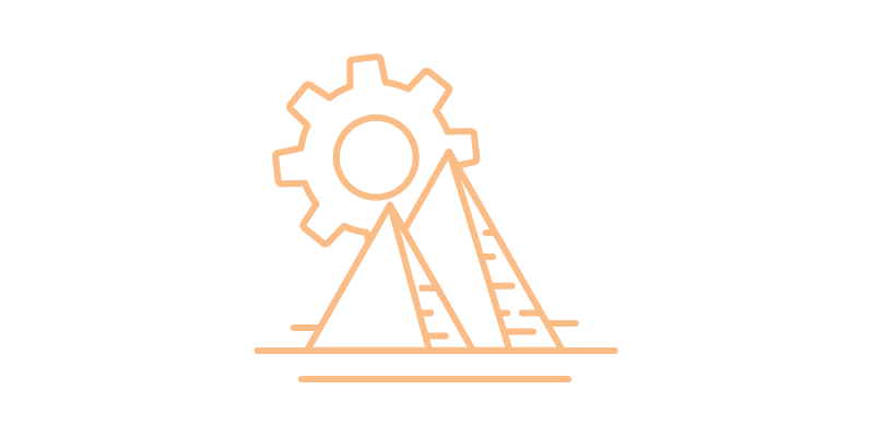 Symbol mit einem Zahnrad und zwei Pyramiden davor, das die Haltbarkeit und Stärke von Waschmaschinen mit Schleuderfunktion symbolisiert, die für Langlebigkeit gebaut sind.