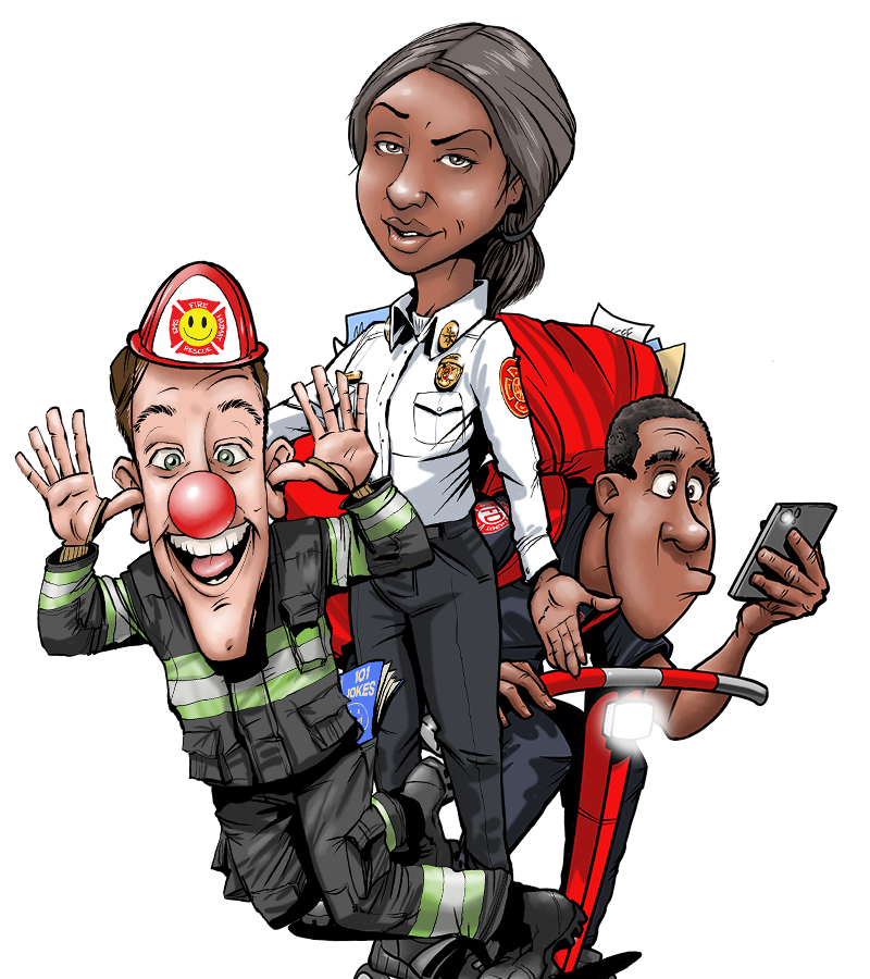 Cartoon of three firefighters: one in gear making a gesture, one in uniform, and one on a red scooter holding a smartphone.