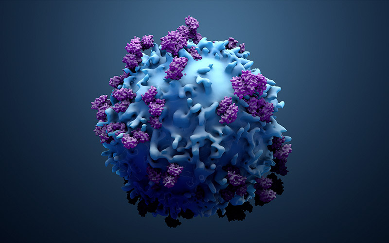 Rendu 3D d’une cellule cancéreuse bleue avec des structures violettes à sa surface, sur un fond dégradé bleu foncé.