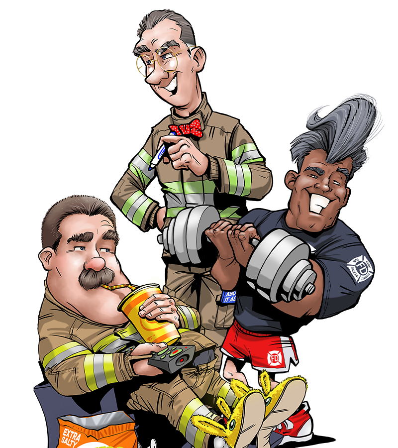 Cartoon of three firefighters: one writing on clipboard, one lounging with drink, one lifting dumbbells.