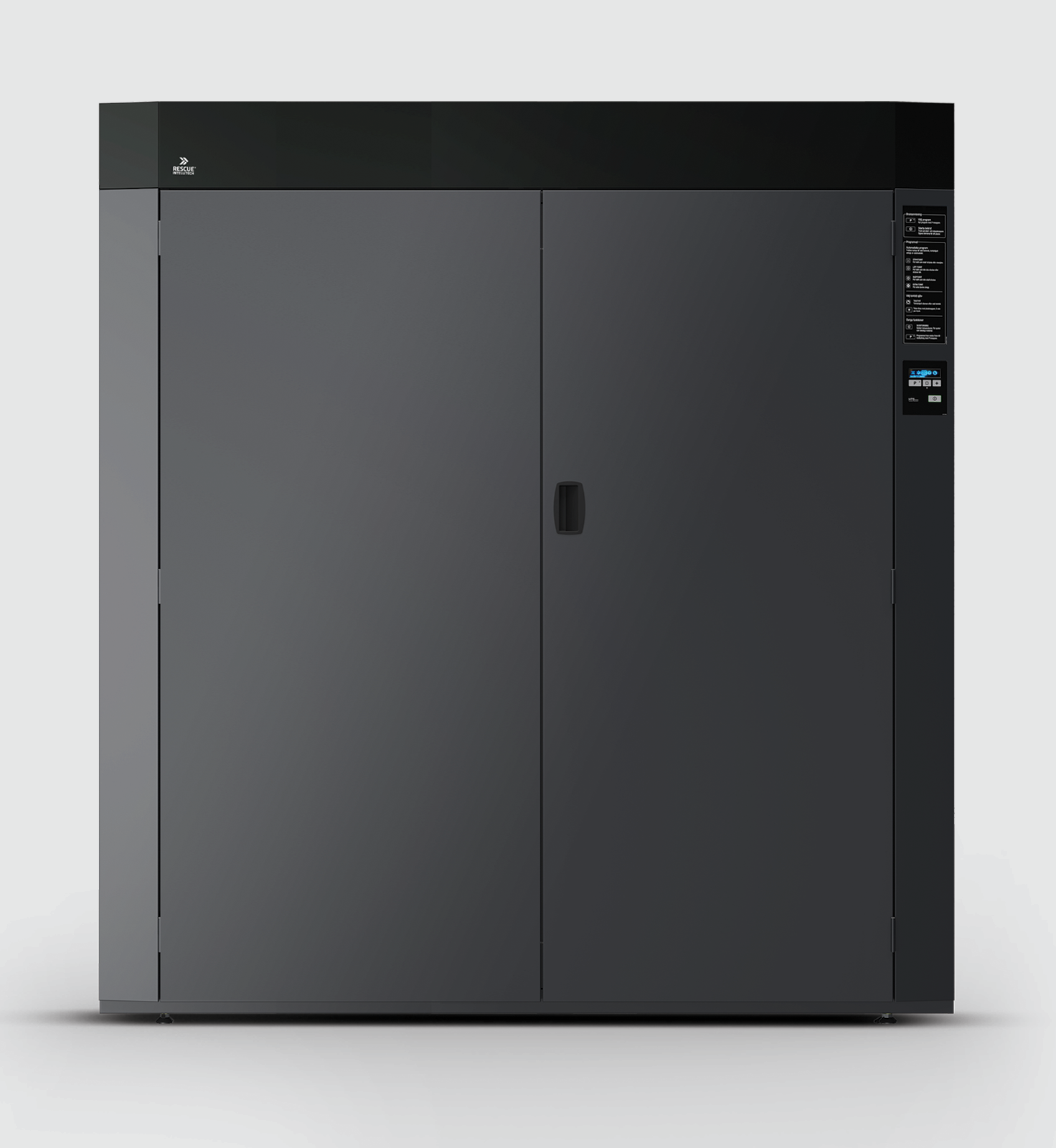 Gray drying cabinet with two doors, control panel on the right, and 'RESCUE INTELLITECH' logo on the top left.