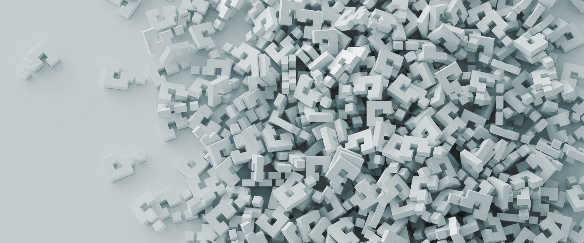 Pile of 3D light gray letter "F" shapes in various sizes and angles.