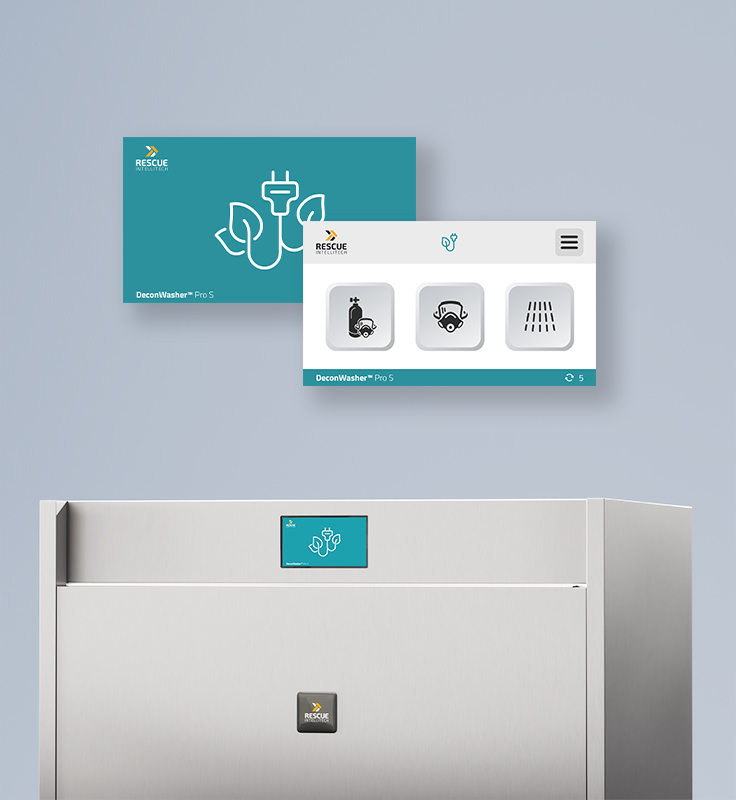 DeconWasher Pro-Gerät mit Frontanzeige und zwei Benutzeroberflächen, die Reinigungsmodi und Einstellungen anzeigen.