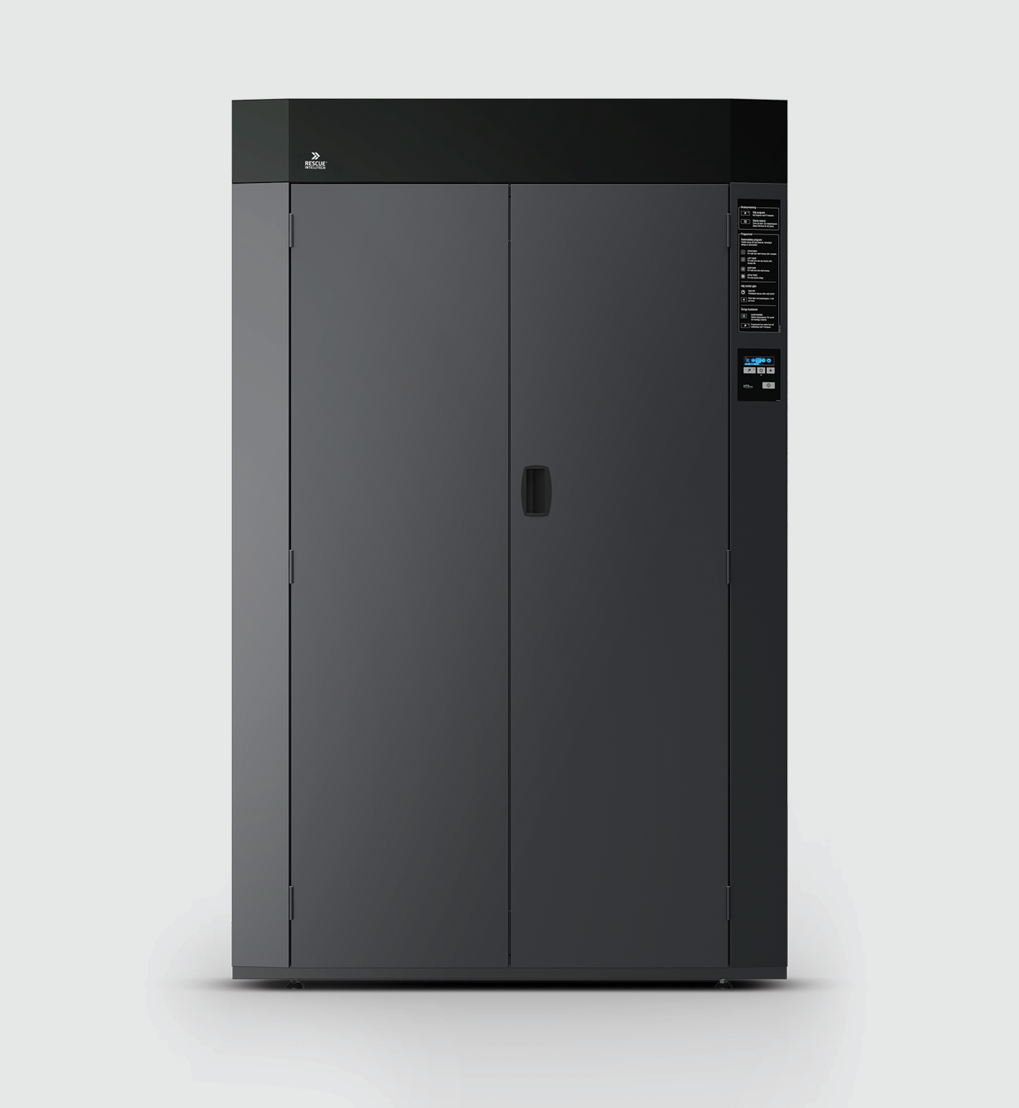 Gray drying cabinet with two doors, control panel on the right, and 'RESCUE INTELLITECH' logo on the top left.