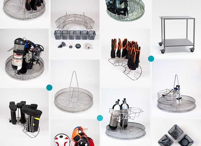 Collage aus Metallkörben und Zubehör für Dekontaminationsmaschine mit Feuerwehr-Ausrüstung wie Pressluftatmer, Handschuhen und Stiefeln.