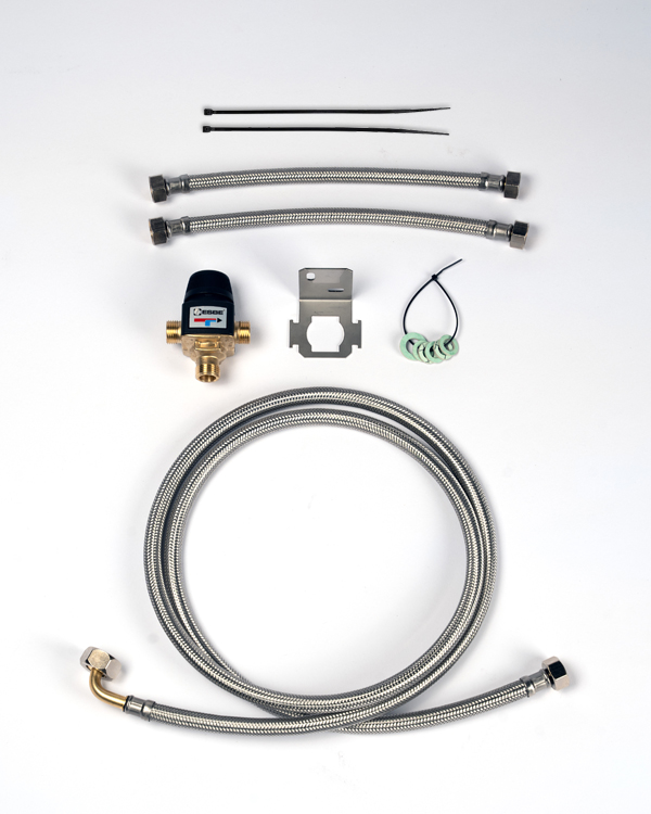 Mixing Valve Kit with valve, wall bracket, 3 hoses, zip ties, and R15/R20 gaskets for Solo Rescue® decon washer.