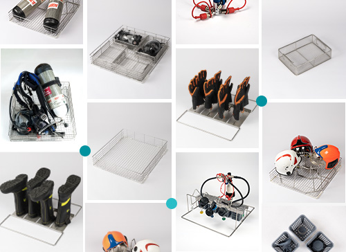 Collage of wire mesh baskets holding SCBAs, gloves, helmets, boots, and gear, arranged in a grid layout.